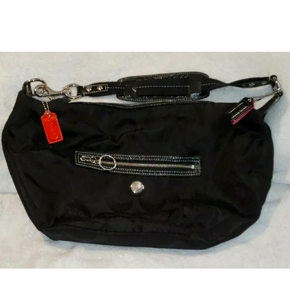 Coach Signature Daisy Black Nylon & Leather Strap Hobo Shoulder Bag A1093 F14873